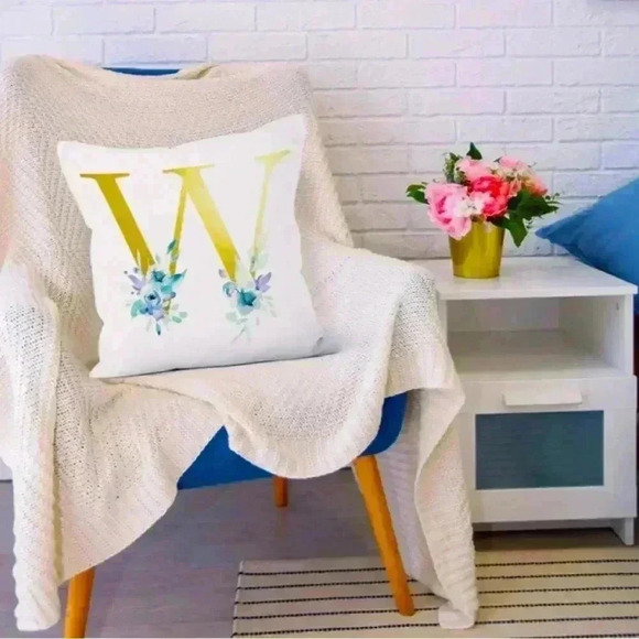 Pillow Covers 18x18” 1 pc W Alphabet Linen White/Gold W Blue Floral Boho Cottage - Picture 7 of 16